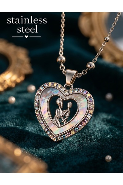 stainless steell Silver Color Mother Daughter Heart Model Steel Necklace