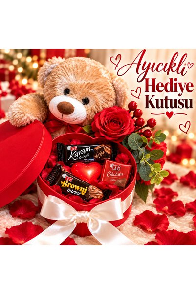 Genel Markalar Sevgiliye Hediye Kalp Kutu – Ayıcıklı Çiçekli Çikolatalı Roman...