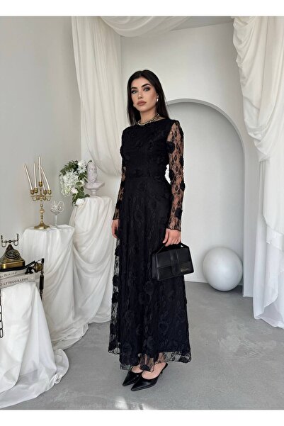 Ayzde Fashion Kadın Dantel Gül İşlemeli Uzun Elbise Çiçek Desenli Şık Abiye E...