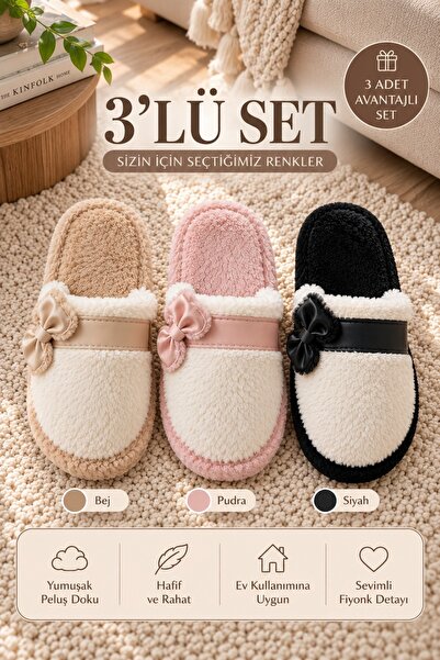 Beyond Women's 3-Piece Beige Powder Black Leather Bow Detailed Plush 3 cm Hou...