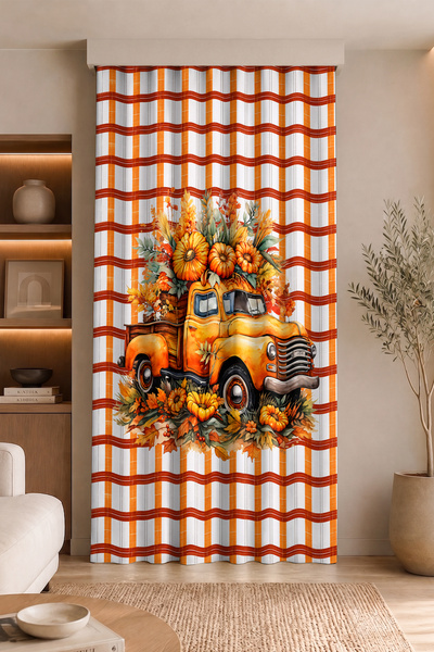 Realhomes Vintage Pickup Truck and Pumpkin Patterned Digital Printed Single W...