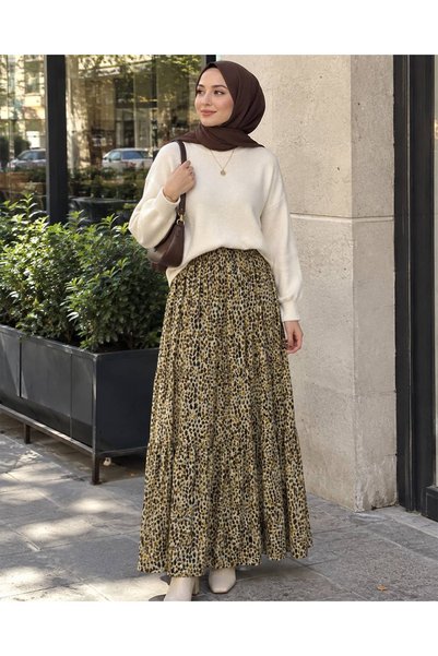 nigarca collection Leopar Desenli Lastikli Bel Fırfır Detaylı Viskon Uzun Etek