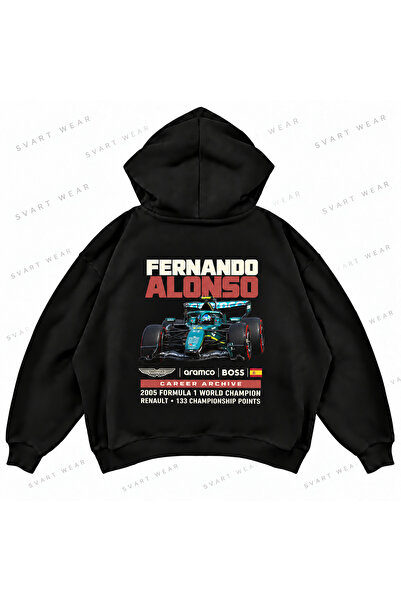SVART WEAR Фернандо Алонсо F1 Черен овърсайз суитшърт с принт и свободна кройка