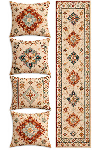 Nari Collections Vintage Ethnic 4-Piece Cushion Cover + 1 Runner Set – 43X43 cm Double-Sided Cover, 40X140 cm Runner