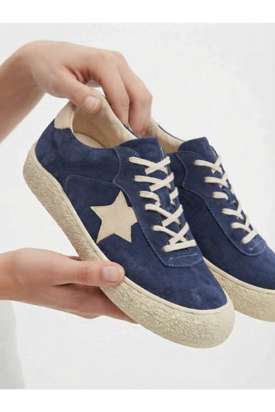 Tamdabu Ayakkabı Genuine Leather Blue Suede Star Detailed Orthopedic Sole Casual Sneaker