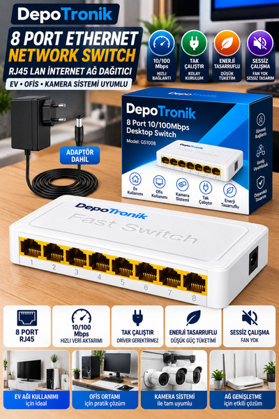 DepoTronik 8 Port Ethernet Network Switch RJ45 Çoklayıcı LAN İnternet Ağ Dağı...