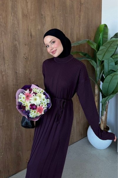 Şule Giyim Kayra Striped Mercerized Dress Plum