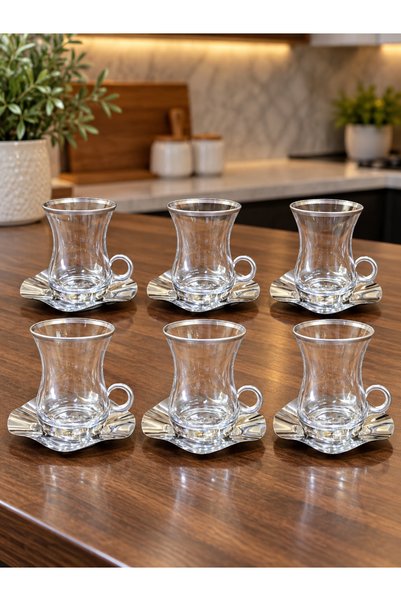 AR HOME طقم شاي زجاجي من 12 قطعة - سلسلة سيلفر
