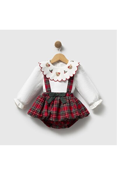 Moonic Kids Baby Girl Teddy Bear Embroidered Baby Collar Blouse and Plaid Sus...