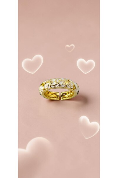 ahsenaksesuar2025 Floral Motif Yellow and White Enamel Adjustable Steel Ring ...