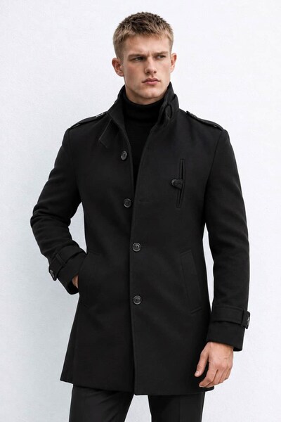 OHM OHEPMODA Erkek Dik Yaka Apolet Detaylı Slim Fit Kaşe Kaban