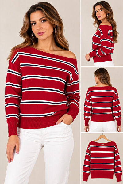 CNR TEKSTİL Women's Gray Striped Boat Neck Knit Sweater – Long Sleeve Loose F...