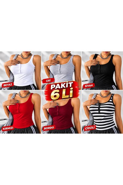 MADALİNA Kadın 6'lı Paket Fitilli Düğmeli Askılı Atlet – Beyaz Gri Siyah Kırm...