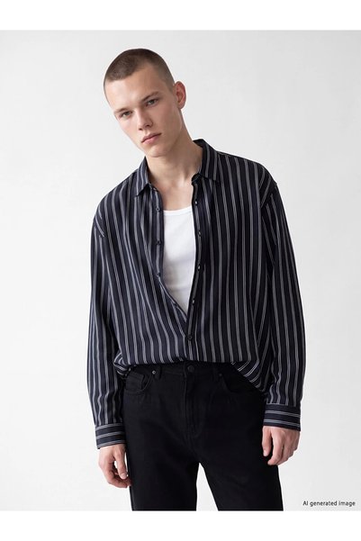 LC Waikiki Navy Blue Regular Fit Striped Men's Shirt