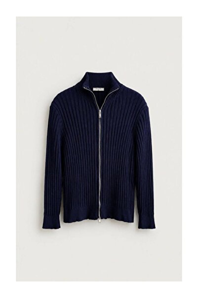 perasttesktil Men's Thick Ribbed Knitwear Zippered Stand Collar Cardigan