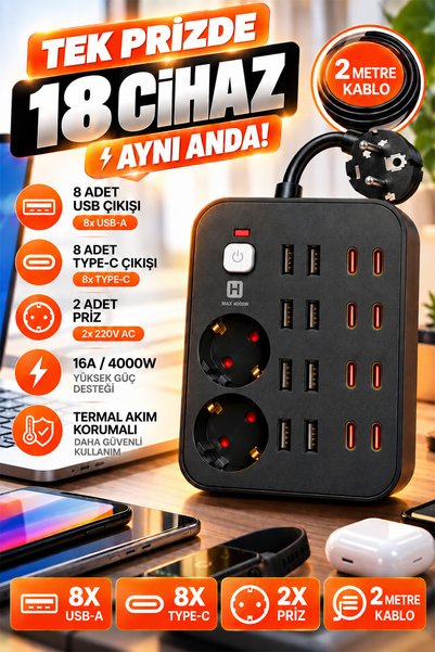 Happy Owl 18 Cihaz Destekli Akım Korumalı Çoklu Priz – 8 USB-A + 8 Type-C, 2 Priz, 2 Metre Kablo, 16A 4000W