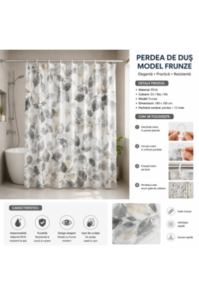 Generic Brand SHOWER CURTAIN 180×180 CM WITH Printed AND HOLDER RINGS INCLUDED
