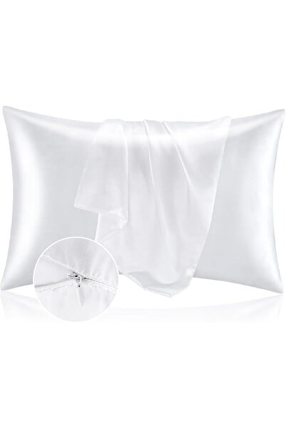 BEDELITE Satin Pillowcase with Zipper 2 Pack, White Pillow Cases Standard Siz...