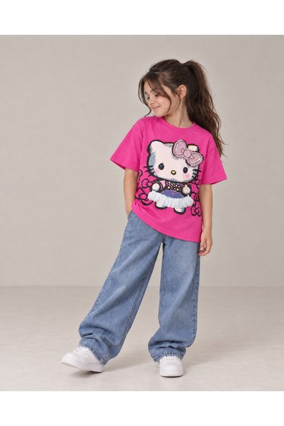 TOP CLOTHE Girls' Cotton T-Shirt with Childlike Knitted Print and Embossed Tu...