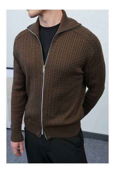 perasttesktil Men's Hair Braided Wide Collar Double Zipper Cardigan