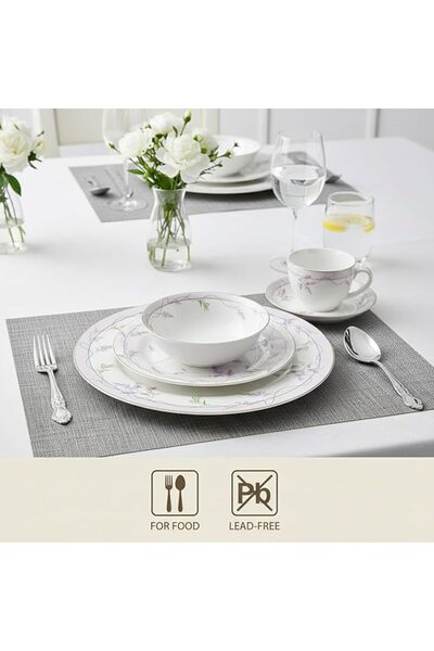 Cuisine Art Shallow by EIRA 32Pc Bone China Dinner Set,Off-White Pastel Floral Print Dinnerware for