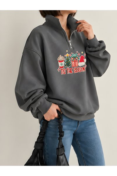 Risil-Nu Company New Season 3 Threaded Combed Cotton Half-Zipper Christmas Themed Sweatshirt