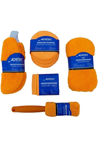 PETEX Set 9 accesorii pentru curatare auto 432900PX, din microfibra, portocaliu