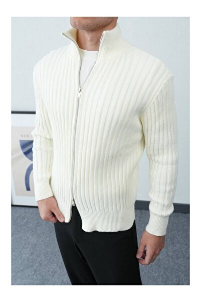 perasttesktil Men's Thick Ribbed Knitwear Zippered Stand Collar Cardigan