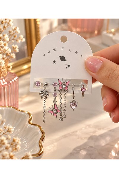 Lilith Takı Pink Stone Butterfly Earring Set – Multi-Dangle Earring Set with ...