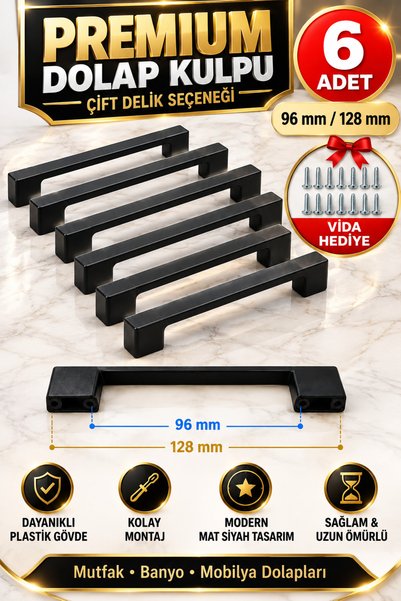 6'lı (SERT PLASTİK) Premium Dolap Kulp Seti Mat Siyah Çift Delik 96-128 mm Mutfak Banyo Mobilya Çekmece Kulp