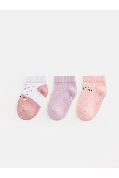 LC Waikiki Alita City Pink Patterned 3-Pack Girls' Booties Socks with a Diffe...