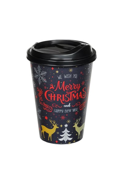 OEM Pahar Crăciun Negru cu Fulgi, Reni și „Merry Christmas” 500 ml, pentru Bă...