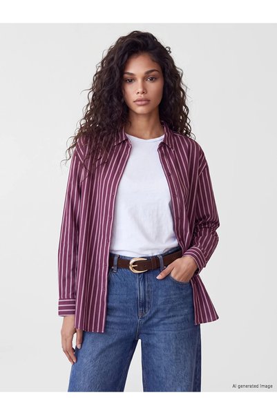 LC Waikiki Bordo Çizgili Oversize Kadın Gömlek