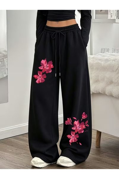 Urban Look Unisex Oversize Wide Leg Printed Black Sweatpants