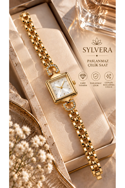 Sylvera Shop ساعة يد بتصميم مربع ومينا أبيض وسلسلة مرصعة بالأحجار وسوار فولاذ...