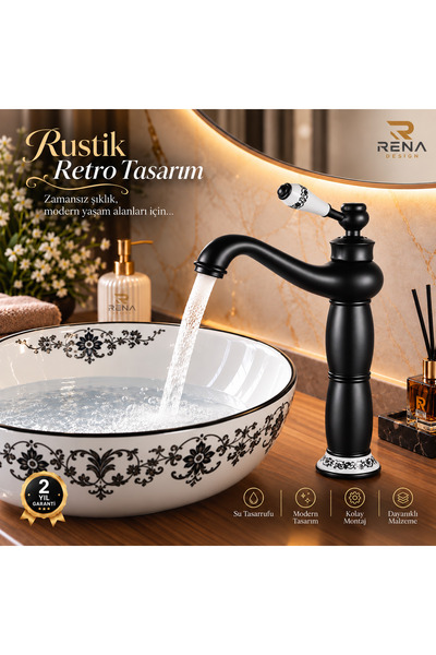 RENA DESIGN Rustik Siyah Çanak Lavabo Bataryası Banyo Yüksek Musluk Porselen ...