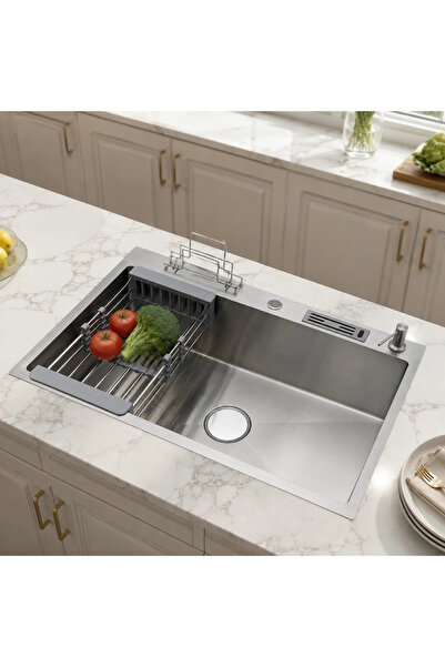 Wonderful-kitchens حوض مطبخ نانو سيلفر 79×48 سم مع سلة وحامل ادوات وعلبة صابون