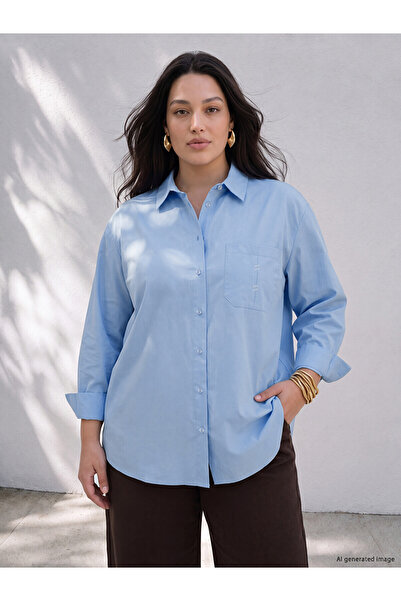 LC Waikiki Two Mt Shop Quality Lcw Curve Blue Plus Size Women's Shirt