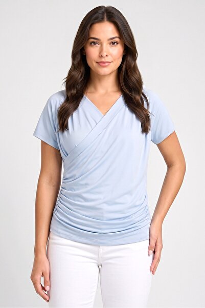 The Giving Movement Women V Neck Short Sleeve Plain Top, Light Blue
