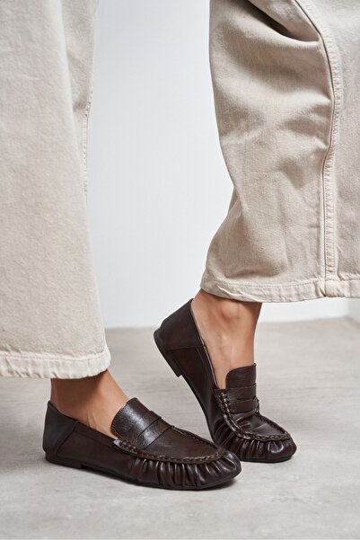 NİŞANTAŞI SHOES Santa Kahve Mat Saraç Büzgü Detay Düz Taban Kadın Penny Loafer
