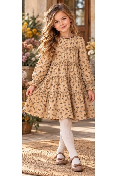 Wizzy Layered Muslin Fabric Long Sleeve Girls' Dress 2-9 Years