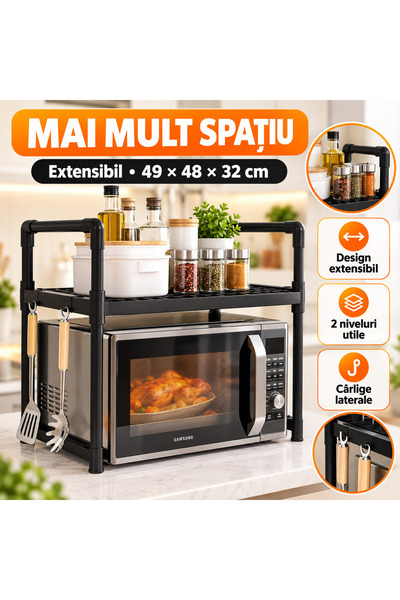 iTin Raft extensibil pentru cuptor microunde, PVC, negru, 49x48x32 cm