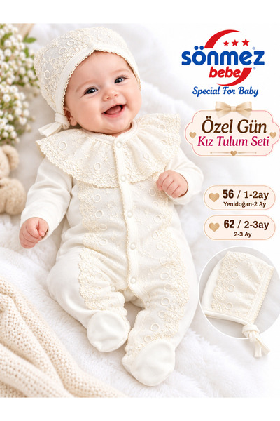 Sönmez bebe Özel Gün Kız Bebek Tulum,Fisto Dantelli,Başlıklı,1Ay-3Ay,Mevlütlü...