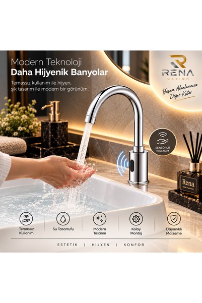RENA DESIGN FOTOSELLİ SENSÖRLÜ KROM LAVABO BATARYASI TEMASSIZ OTOMATIK TASARR...