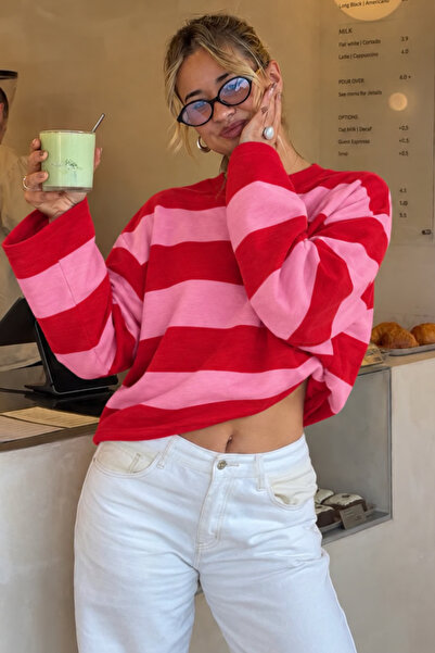 SİNEMCEBECİ Kadın Pembe Kırmızı Kalın Çizgili Bisiklet Yaka Oversize Sweatshirt