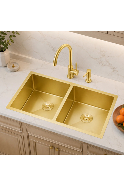 Wonderful-kitchens حوض مطبخ مقاس 82*45سم نانو ذهبي بحوضين ستانلس ستيل 304 | ر...