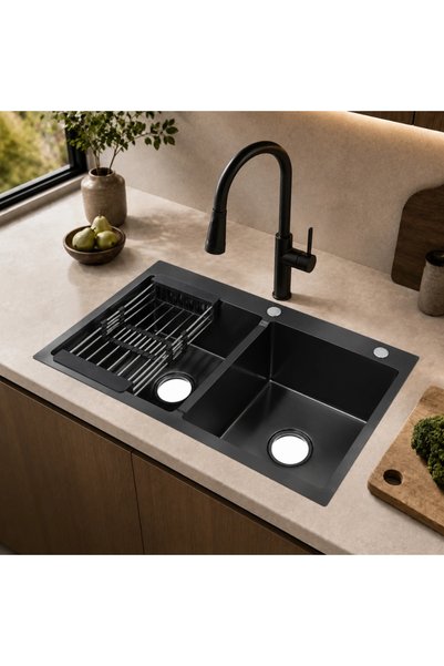 Wonderful-kitchens حوض مطبخ مقاس 91*48 نانو أسود بحوضين - ستانلس ستيل 304