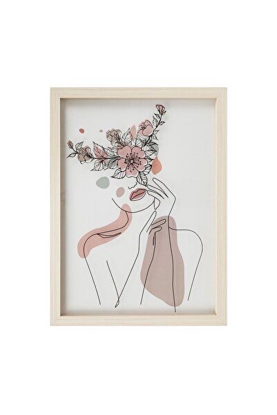 OEM Tablou decorativ Fată cu flori, efect 3D, ramă lemn, 30,5 x 40,5 cm