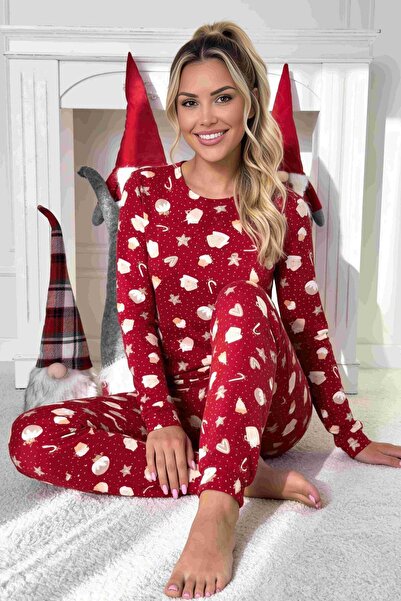 Generic Brand Pijama damă bumbac „Cookie long” — roșu, imprimeu de Crăciun