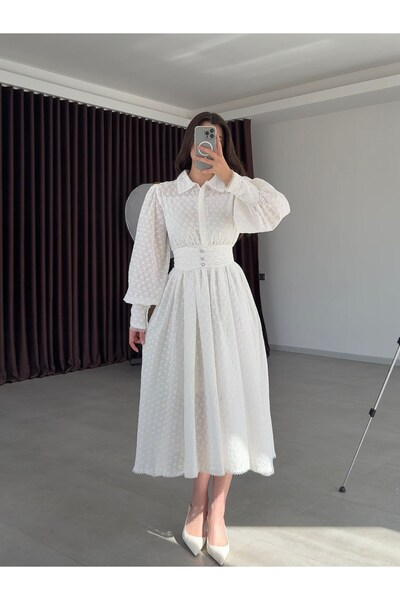 Balbe Fashion Beyaz Brode Kemerli Fisto Elbise